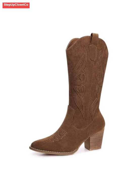 Shoes - Suede Mid Calf Cowboy Boots Pointed Toe Chunky Heel Western Embroidered